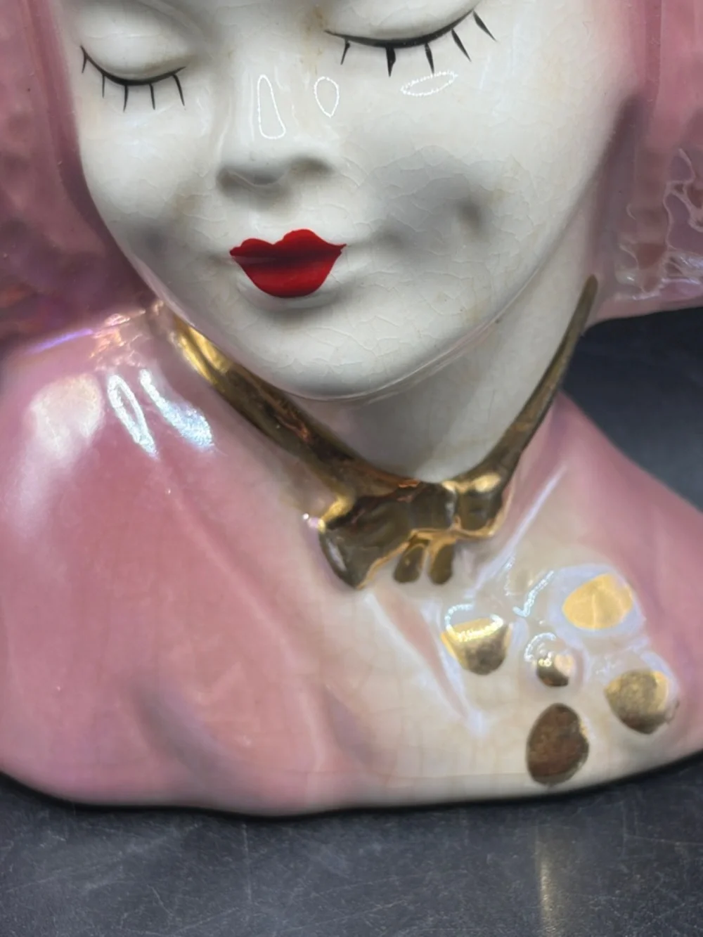 Vintage MCM Hand Painted Lusterware Pink Hat Lady Head Vase Ceramic Wall Pocket